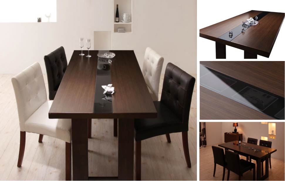 日常の贅沢 木目とブラックガラスの アーバンモダンデザインダイニングテーブル